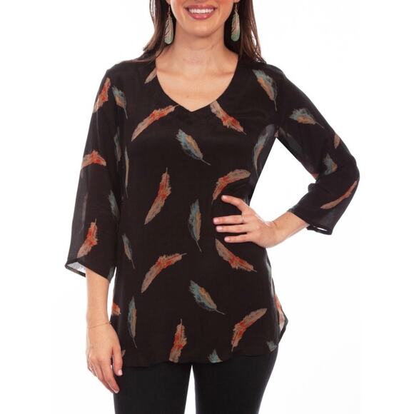 Scully Tops - Scully Womens Black Rayon Feather V-Neck XL Blouse A004463